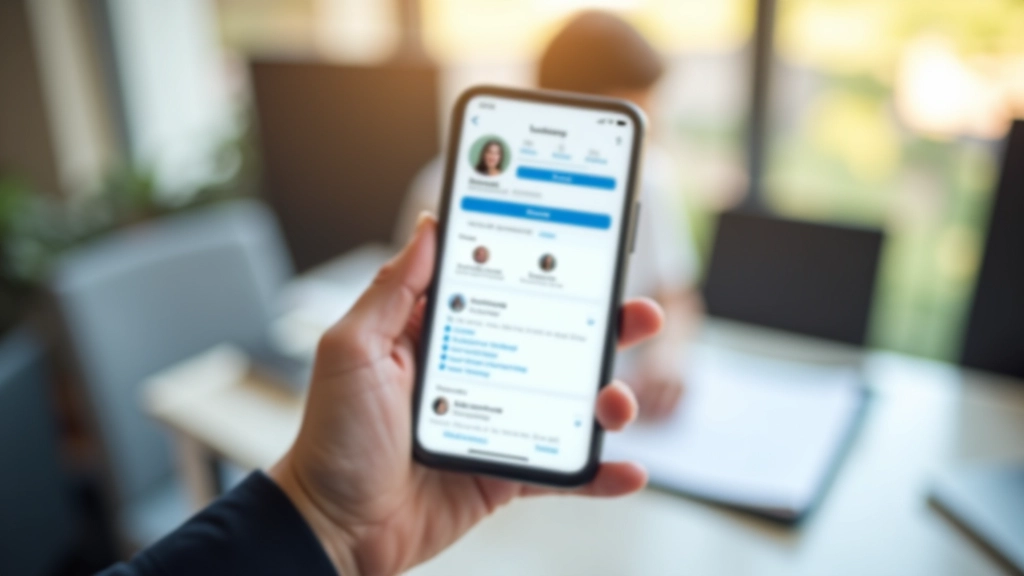 Mobilus telefonas rodo LinkedIn profilį su vadovo informacija ir kontakto detalėmis